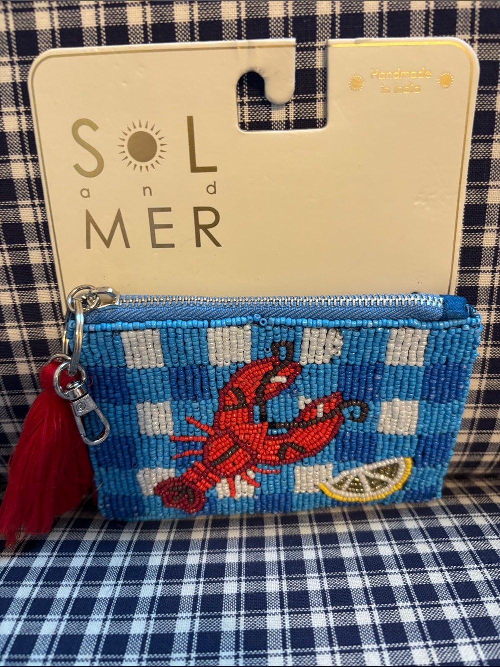 SOL and MER Blue Beaded Lobster Coin Pouch with Tassel
